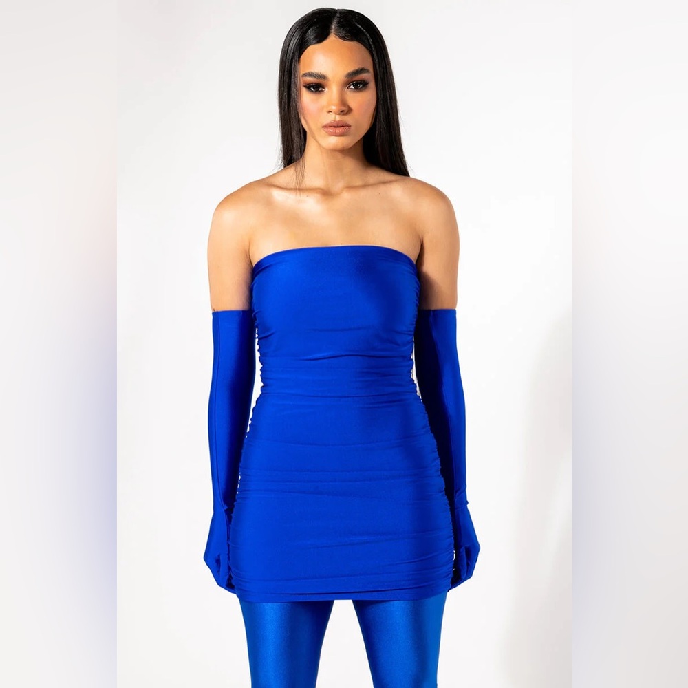 NWT. AKIRA Star Stretch Ruched Strapless Mini Dress in Blue. - Picture 5 of 7